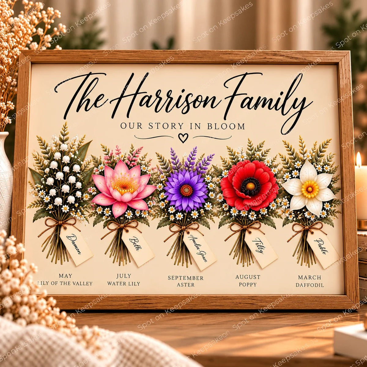 Family birth flower bouquet print in oak frame — watermarked