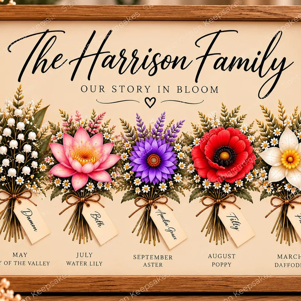 Close-up of framed personalised birth flower artwork — watermarked