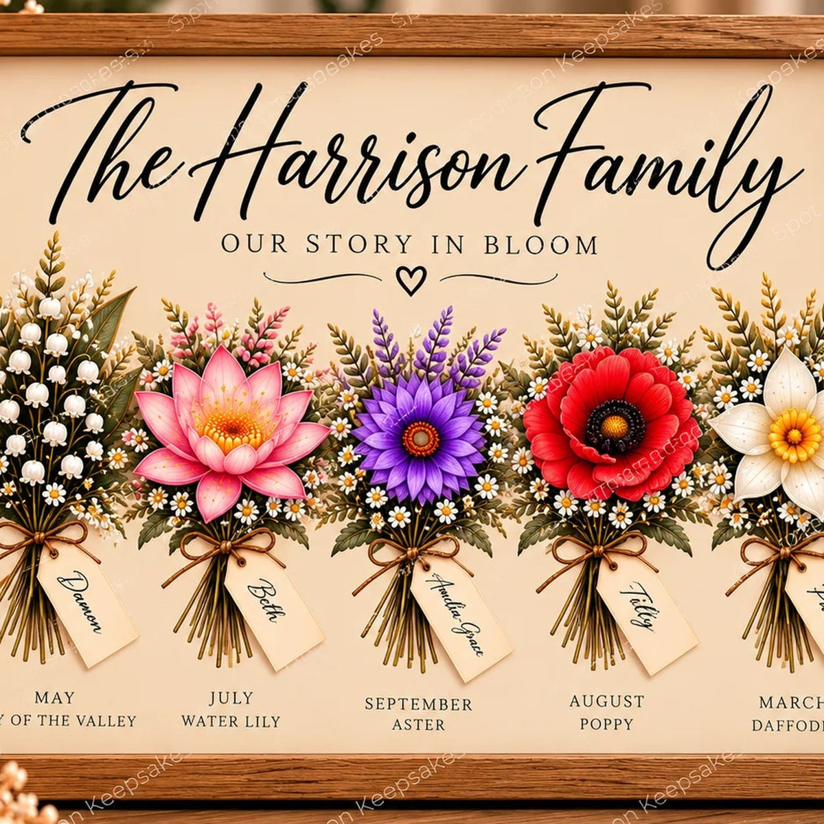 Close-up of framed personalised birth flower artwork — watermarked