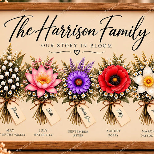 Close-up of framed personalised birth flower artwork — watermarked