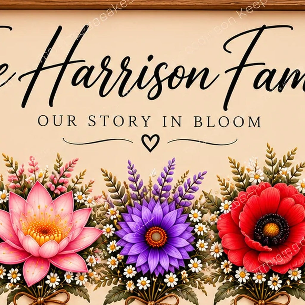 Family title and flower arrangement detail — watermarked