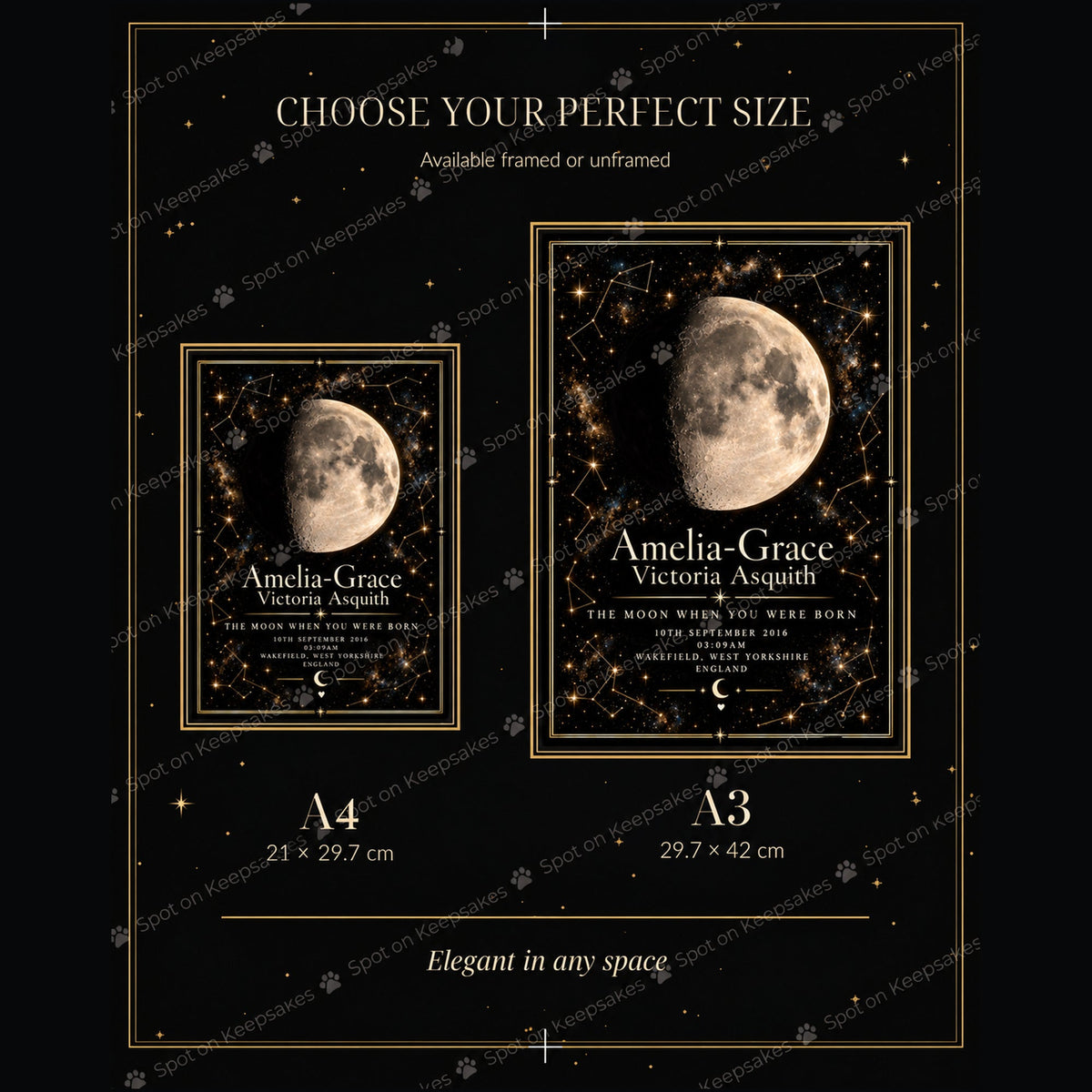 Spot on Keepsakes moon print A4 and A3 size guide with watermark