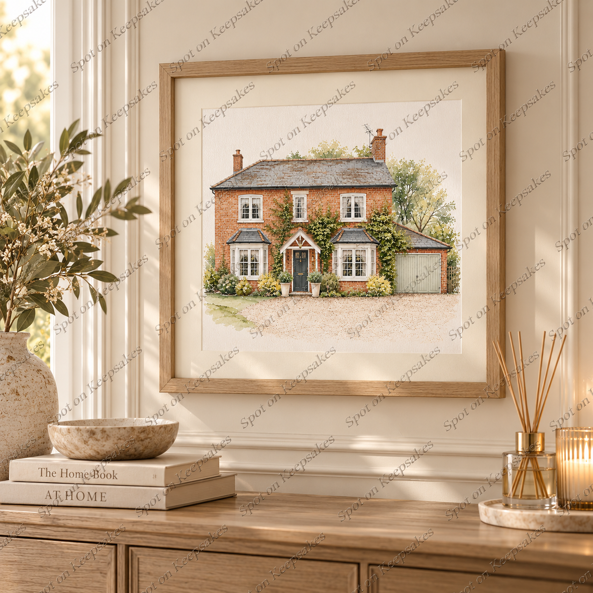 Framed house portrait displayed in a home