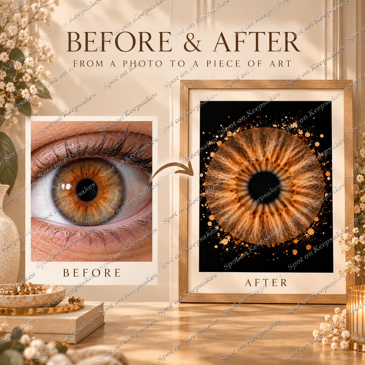 Before and after eye photo to iris artwork