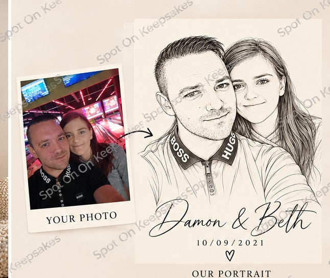 Spot on Keepsakes personalised fine line art portrait before after