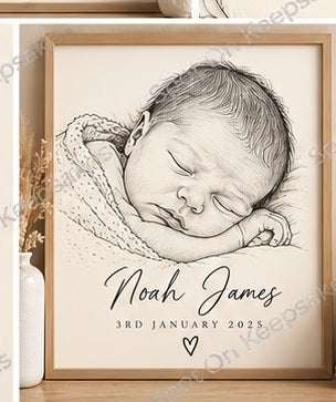 Spot on Keepsakes personalised fine line art portrait newborn framed