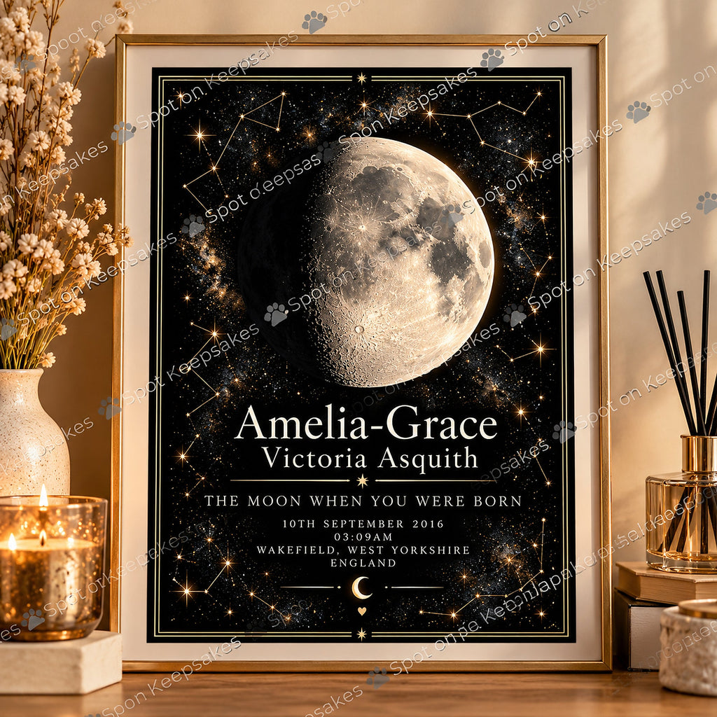 Realistic gold framed personalised birth moon wall art mockup on warm beige console, watermarked Spot on Keepsakes