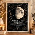 Realistic gold framed personalised birth moon wall art mockup on warm beige console, watermarked Spot on Keepsakes