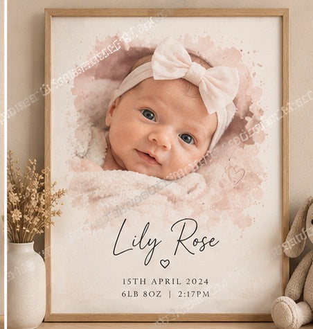 Spot on Keepsakes personalised newborn photo-to-portrait example lily awake