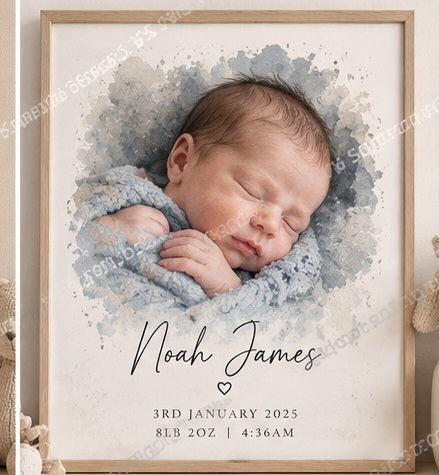 Spot on Keepsakes personalised newborn photo-to-portrait example noah sleeping