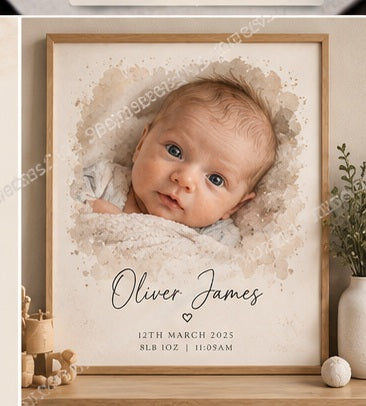 Spot on Keepsakes personalised newborn photo-to-portrait example oliver awake