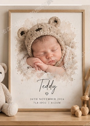 Spot on Keepsakes personalised newborn photo-to-portrait example teddy baby