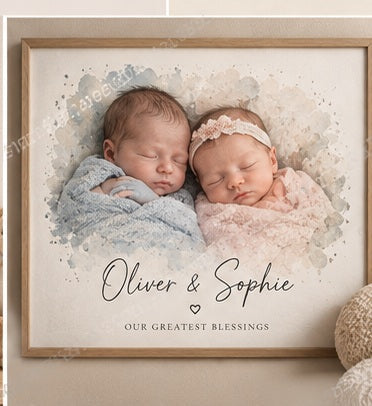 Spot on Keepsakes personalised newborn photo-to-portrait example twins portrait