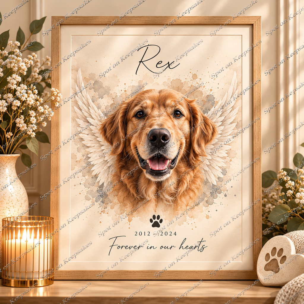 Framed personalised angel wings pet memorial portrait