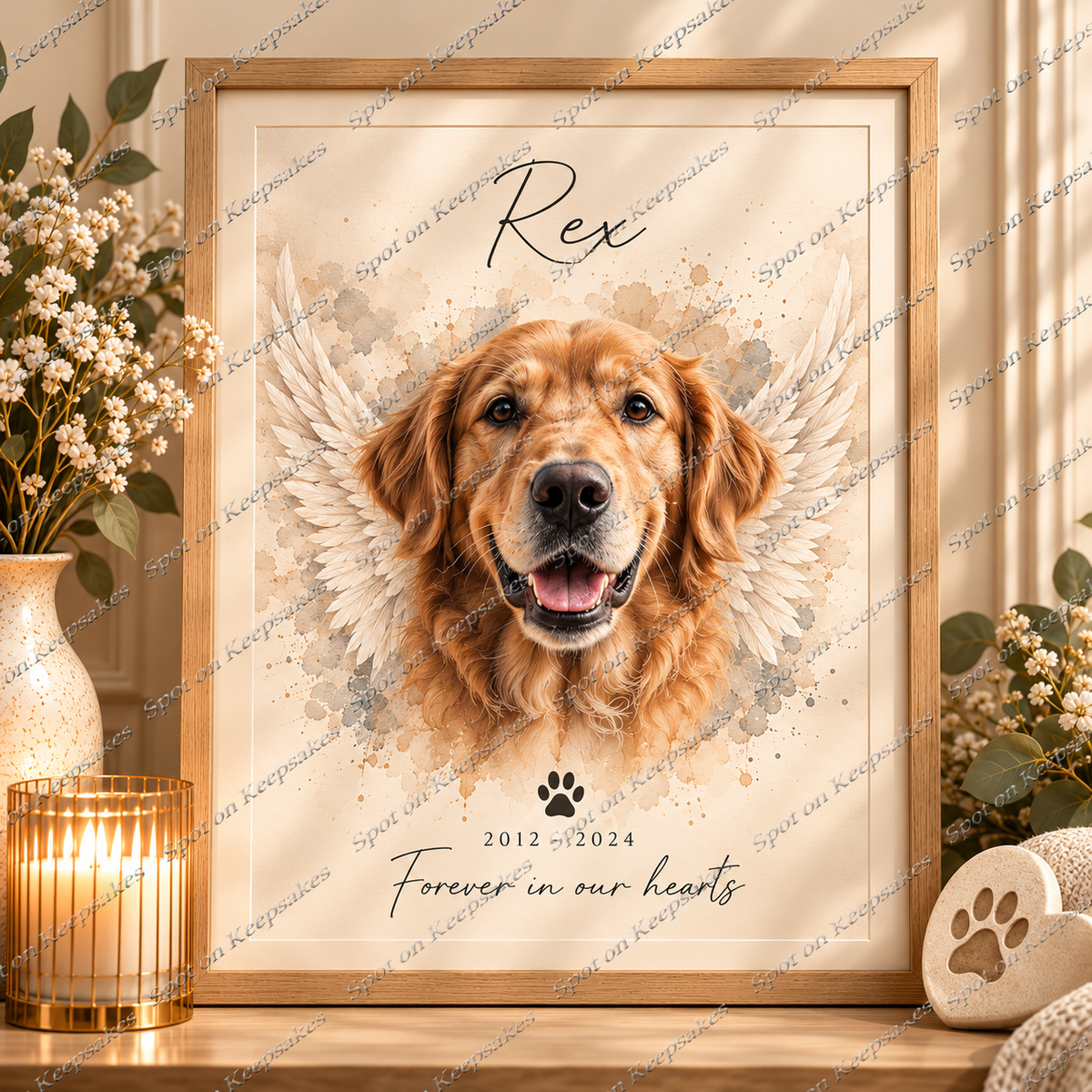 Framed personalised angel wings pet memorial portrait