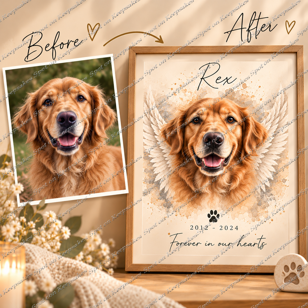 Before and after pet photo to angel wings memorial portrait