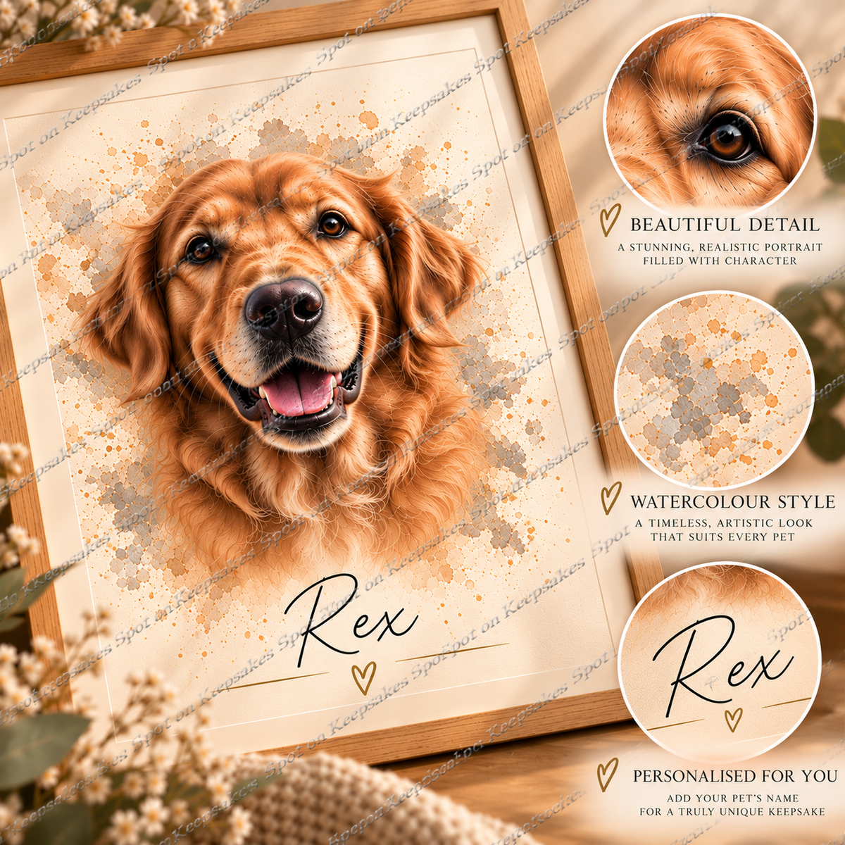 Close-up of pet portrait details and name