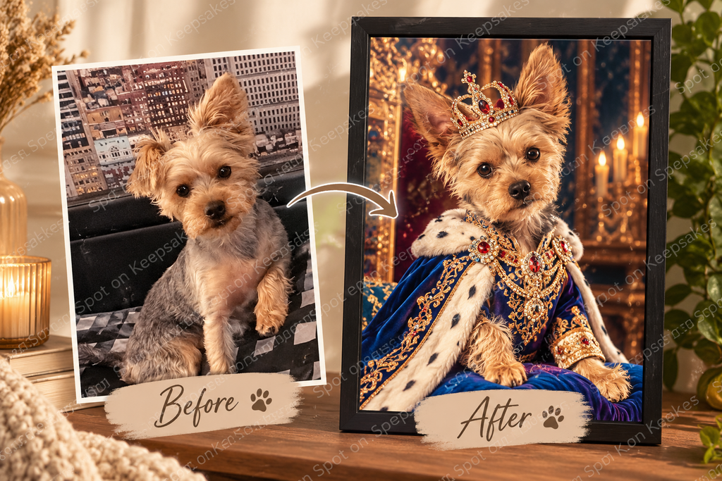 Before and after transformation of a pet photo into a royal pet portrait