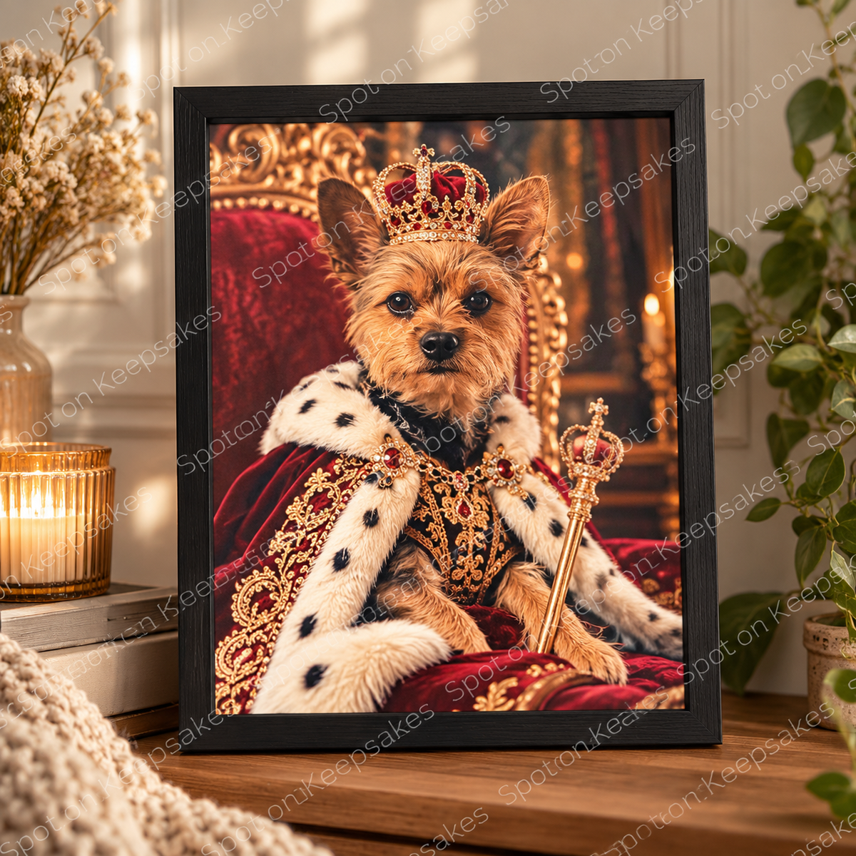 Personalised royal pet portrait in a black frame, Spot on Keepsakes