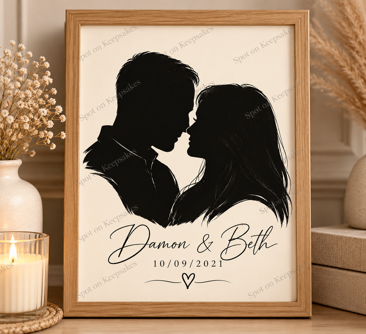 Personalised Damon and Beth silhouette portrait in oak frame with Spot on Keepsakes watermark