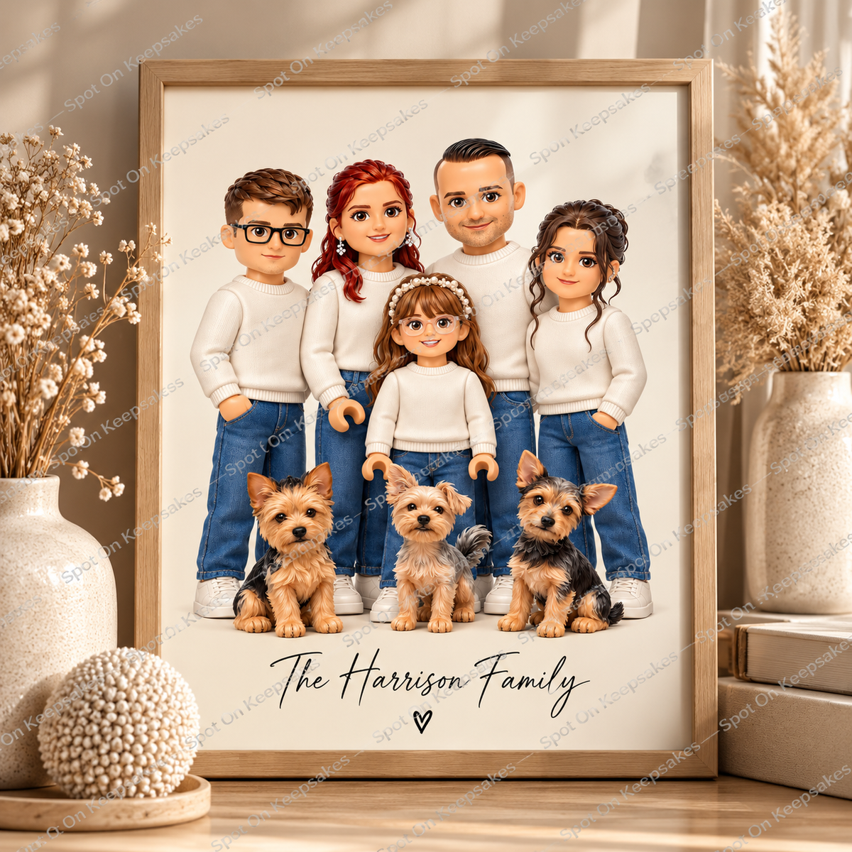 Realistic framed Harrison Family toy brick portrait with diagonal Spot on Keepsakes watermark