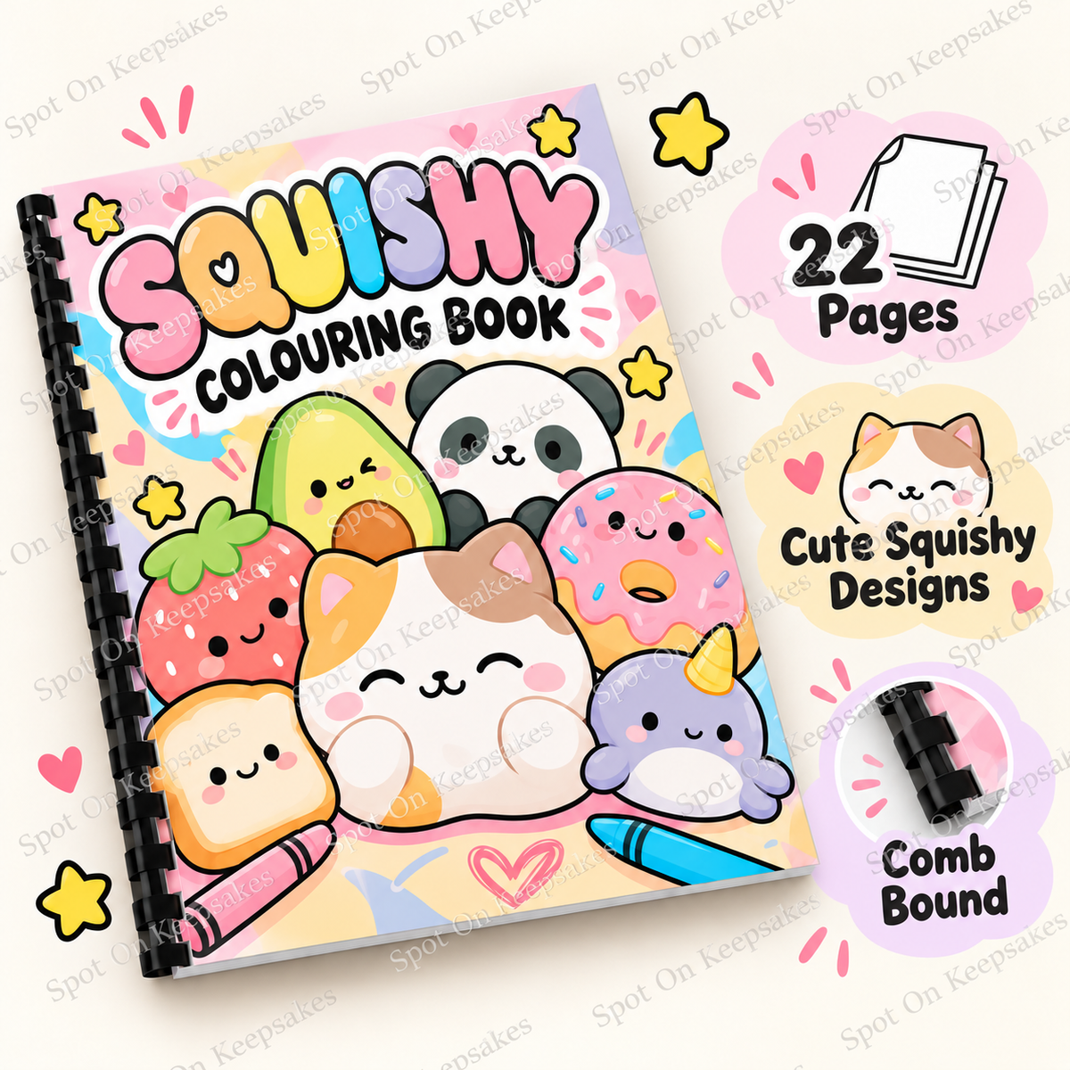 Watermarked Squishy Colouring Book features showing 22 pages and comb binding