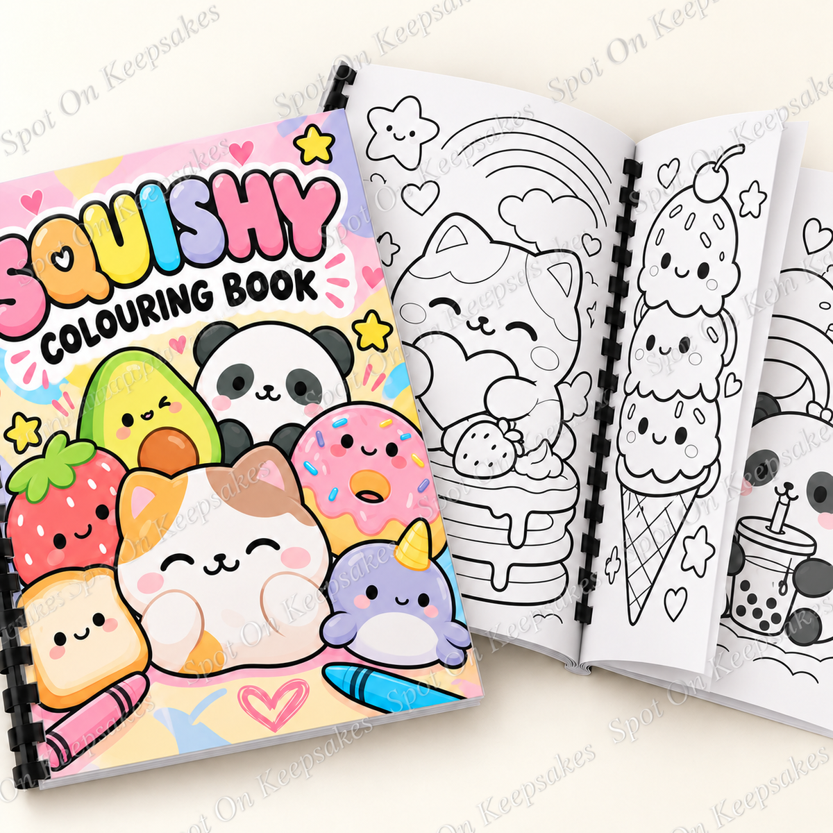 Watermarked Squishy Colouring Book mockup showing inside colouring designs