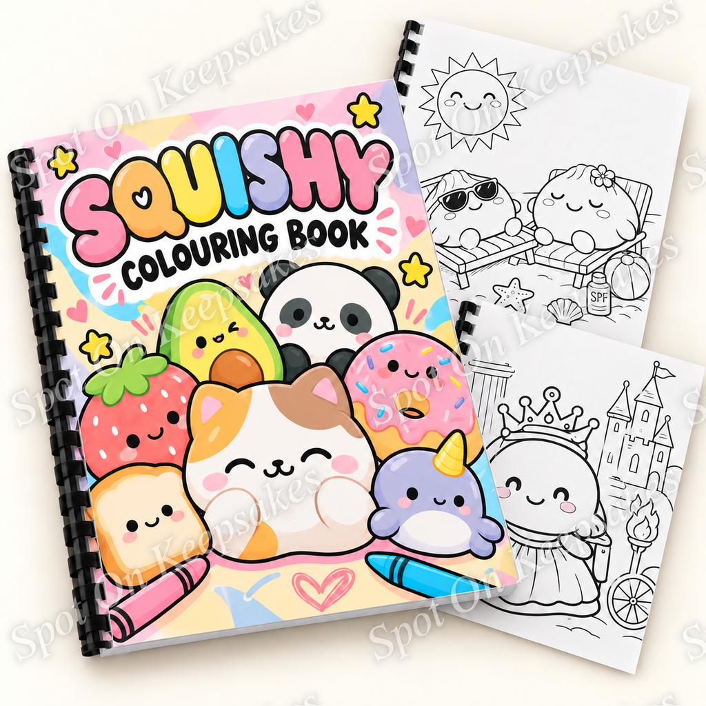 Watermarked Squishy Colouring Book mockup with two example colouring pages