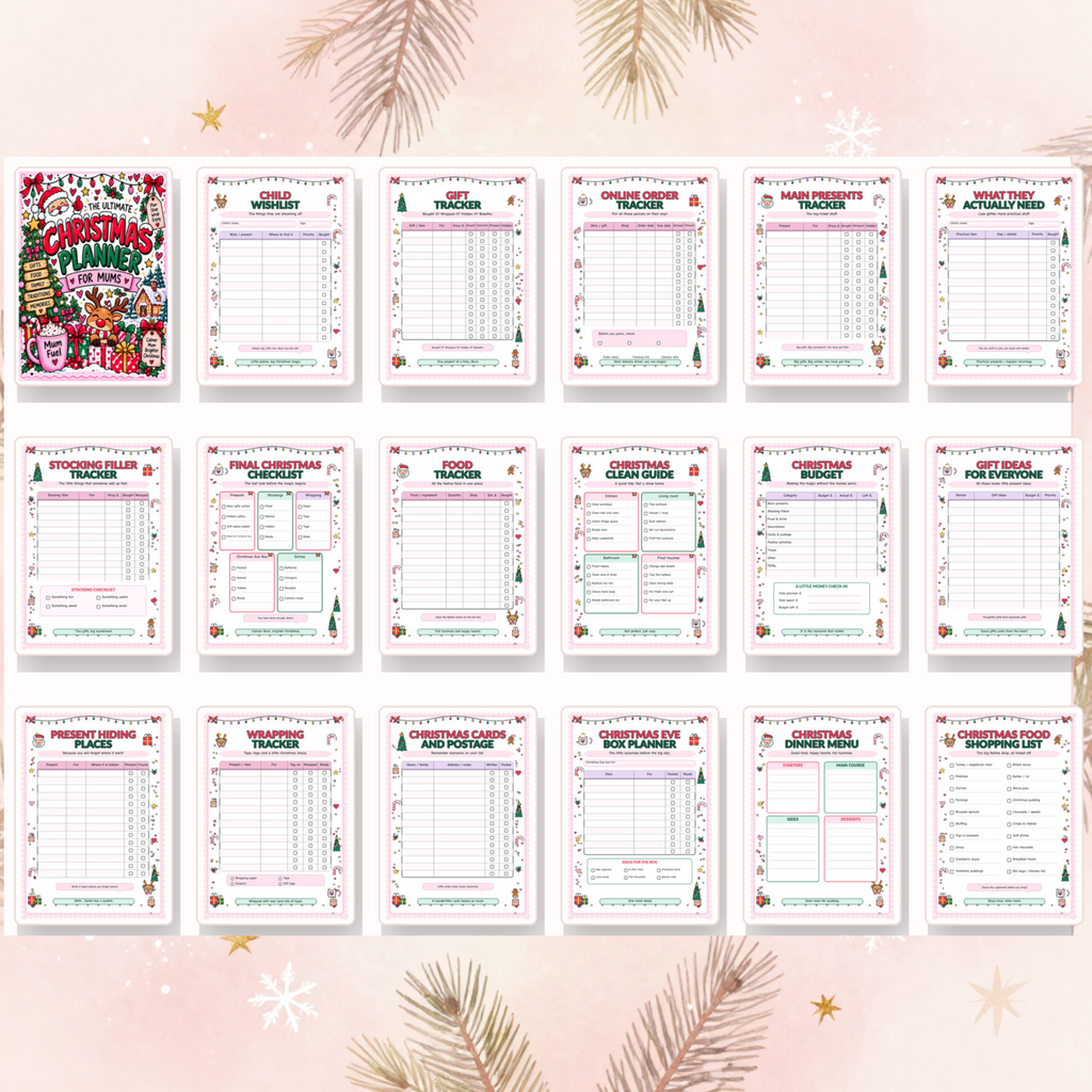 Overview of colourful Christmas planner 22 page printable sections