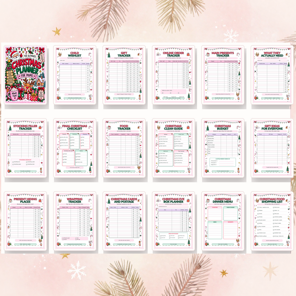 Overview of colourful Christmas planner 22 page printable sections